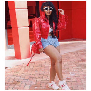 Women's Red Patent Vegan Leather Cropped Jacket S